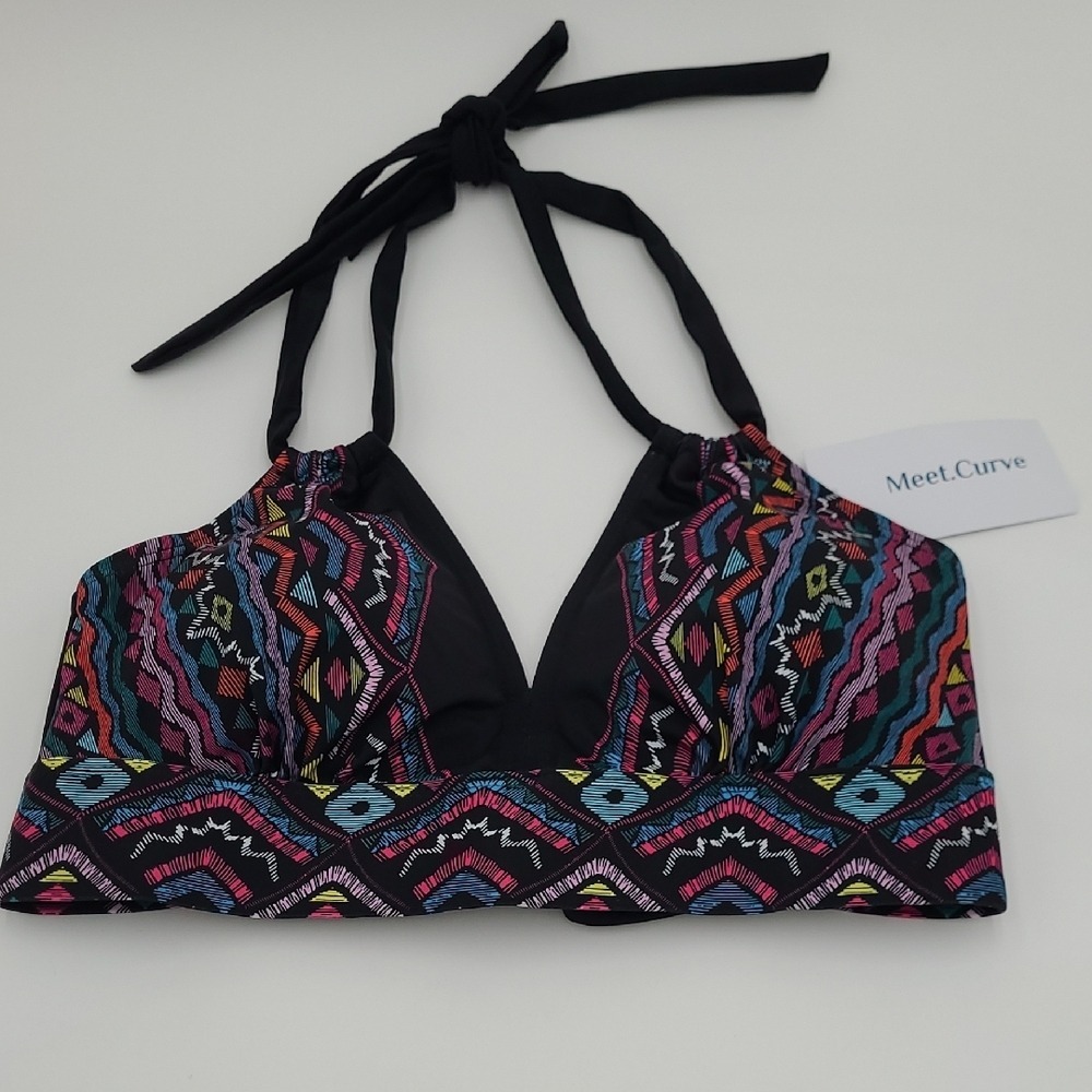 Meet.Curve Womens Black Tribal Geometric Halter Bikini Top Padded Size M NWT